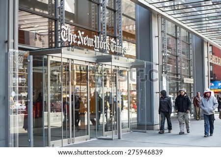 NEW YORK CITY - MARCH 14, 2014:  Street view of Manhattan landmark The New York Times newspaper headquarters.