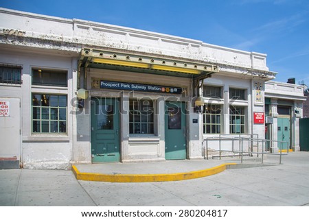 BROOKLYN, NY - APRIL 25, 2014:  Exterior street view of Prospect Park subway station which is one of the 468 MTA\'s subway stations operated in New York City