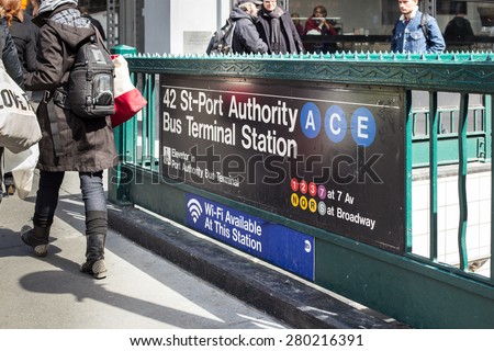 NEW YORK CITY, NY - MARCH 14, 2014:  Street view of NYC subway station entrance at 42nd Street Port Authority