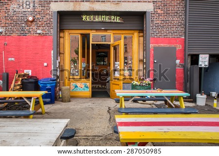 RED HOOK, BROOKLYN - JUNE 6, 2015:  Landmark Key Lime Pie shop in the gentrified neighborhood of Red Hook Brooklyn in New York City.