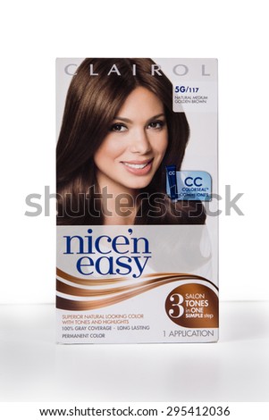 NEW YORK CITY - JULY 9, 015:  Box of Clairol Nice N Easy permanent hair color kit against a white background