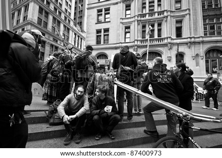 NEW YORK CITY - OCT. 21:  Unidentified protesters at Occupy Wall Street demonstration in NYC's Zuccotti Park on Oct 21, 2011.  The protest began on Sept 17.