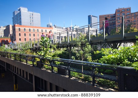 NEW YORK CITY - OCT 7:  High Line Park in NYC as seen on Oct. 7, 2011. In 2009 this former elevated freight railroad spur on NYC\'s west side opened as an aerial green way and continues to expand.