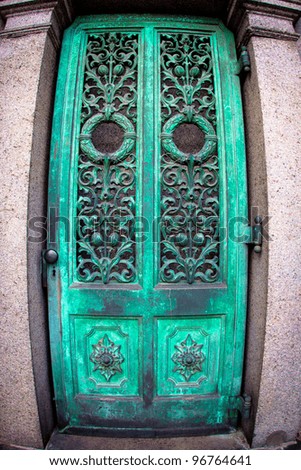 Fisheye of detailed, ornate copper door with patina