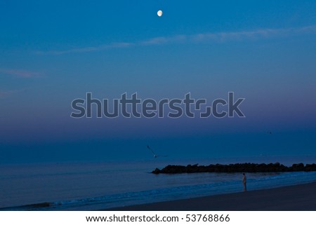 Man stands alone on beach under moonlight