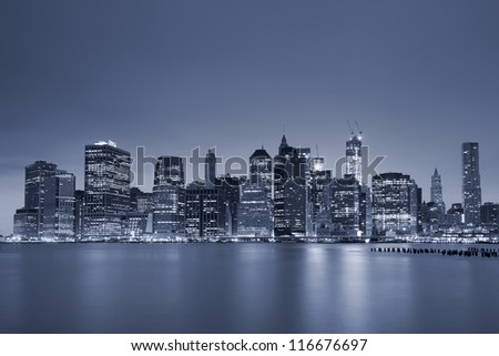 Lower Manhattan. Toned image of Lower Manhattan at twilight blue hour.
