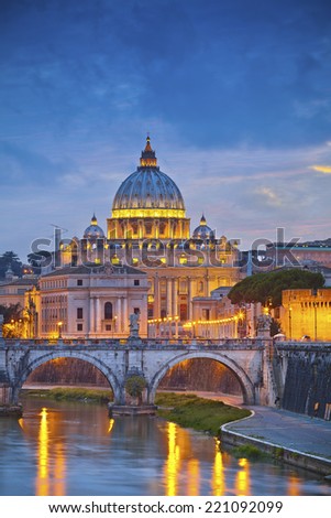Rome. View of St. Peter\'s cathedral in Rome, Italy during twilight blue hour.
