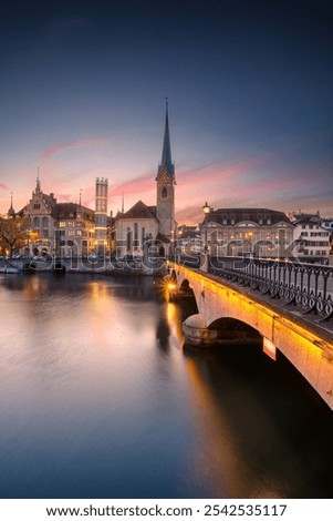 Similar – Image, Stock Photo Zurich cityscape with blue tram in the old city center