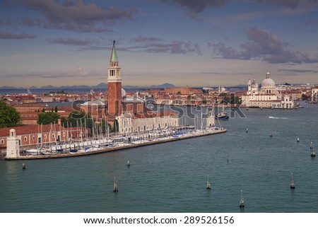 Venice. Aerial view of the Venice with Basilica di Santa Maria della Salute and Island of Saint Giorgio Maggiore.