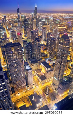 Chicago. Aerial view of Chicago downtown at twilight from high above.