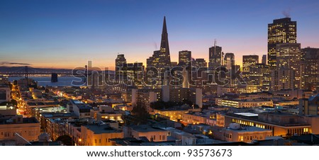 San Francisco. Image of San Francisco skyline with Bay Bridge at twilight.