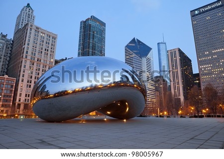 CHICAGO, ILLINOIS - MARCH 3: Millennium Park, Chicago, Illinois on March 3, 2012. Cloud Gate, a public sculpture by Indian-born British artist Anish Kapoor, is 33 by 66 by 42 feet, and weighs 110 short tons.