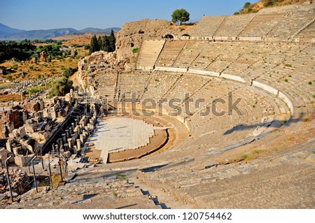 The impressive ruins of the ancient Theater in Ephesus, Turkey. It is believed to be the largest outdoor theater in the ancient world