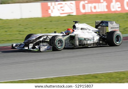 BARCELONA - FEBRUARY 22 : Michael Schumacher driving for the Mercedes Petronas team during testing at the Circuit de Catalunya February 22, 2010 in Barcelona, Spain.