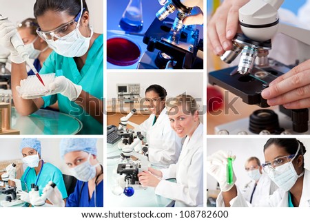 Two female medical or scientific researchers using microscopes working in a laboratory one Indian Asian one Caucasian