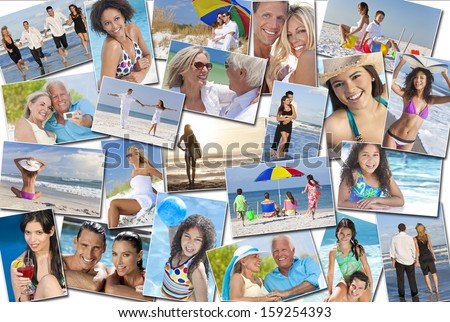 Photo montage of people happy men women children families and couples, young senior and elderly having fun on summer holiday vacations at the beach, swimming walking, surfing and relaxing