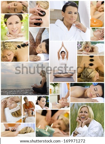 Montage of beautiful interracial women, woman relaxing at a health spa, enjoying head and back massages, hot stone treatments and practicing yoga on the beach and in a gym.