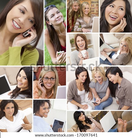 Montage of happy beautiful women, friends, using laptop and tablet computers, listening to music and talking on the phone, enjoying a modern lifestyle.