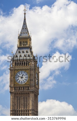 Clock face on the famous landmark clock tower known as Big Ben in London, England. Part of the Palace of Westminster also known as the Houses of Parliament