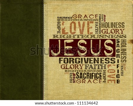 Religious Words on canvas with dark green leather strip
