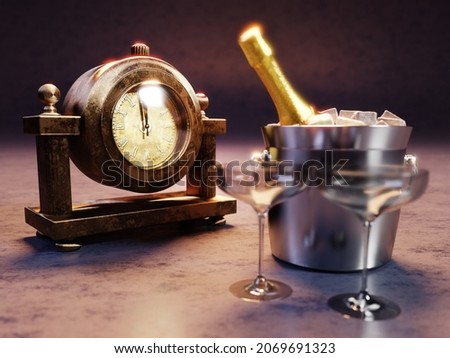 3D rendering of table clock showing midnight, bottle of champagne in cooler and two champagne glasses over dark blue background