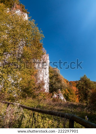 Ojcow National Park with limestone rocks in autumn time, part of Krakow-Czestochowa Upland, Poland