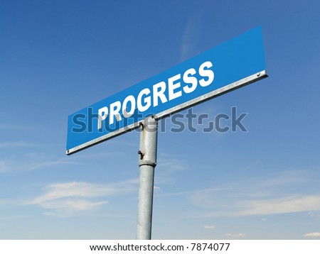 Blue metal street roadsign spelling Progress word over blue sky