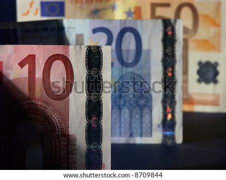 Closeup of ten, twenty and fifty euro banknotes