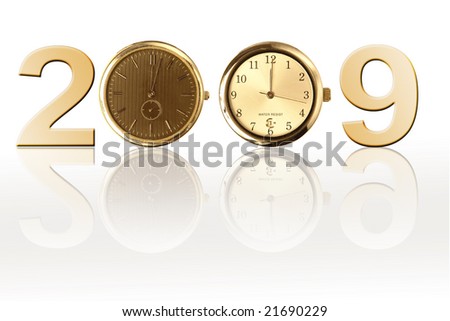 New Year 2009 with two clocks as zero digits over white