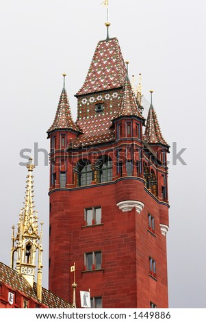 Basel town hall tower. Built when Basel joined the Swiss Confederation in 1501. The Town Hall is located Market Square in the town centre, designed by Ruman Faesch.