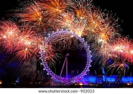 london eye light show and firework during new year eve