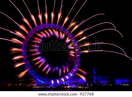 london eye light show and firework during new year eve