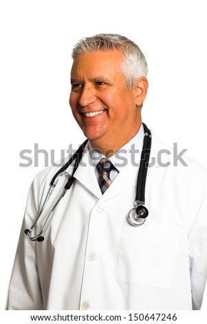 Handsome middle age doctor with lab coat and stethoscope on a white background.