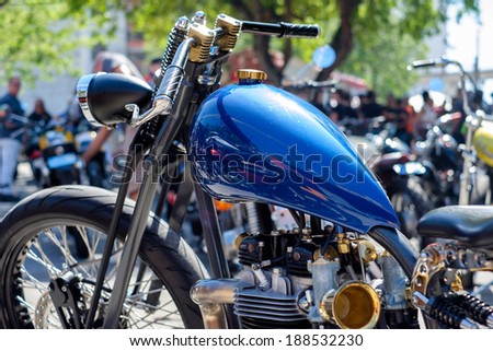MIAMI, FLORIDA USA -?? APRIL 12, 2014: Close up of a vintage motorcycle on display at the Old Soul Young Blood Vintage Motorcycle festival.