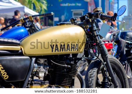 MIAMI, FLORIDA USA -?? APRIL 12, 2014: Close up of a vintage Yamaha motorcycle on display at the Old Soul Young Blood Vintage Motorcycle festival.