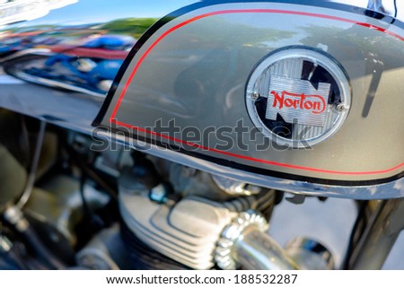 MIAMI, FLORIDA USA -?? APRIL 12, 2014: Close up of a vintage Norton motorcycle on display at the Old Soul Young Blood Vintage Motorcycle festival.