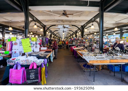 NEW ORLEANS, LOUISIANA USA - MAY 1, 2014: The French Market on Decatur Street is a popular tourist attraction in the New Orleans French Quarter district.