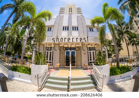 Miami Beach, Florida USA - August 1, 2014: The beautiful Shorecrest Palm Hotel in Miami Beach, a popular international travel destination, fish eye view with palm trees and art deco architecture.