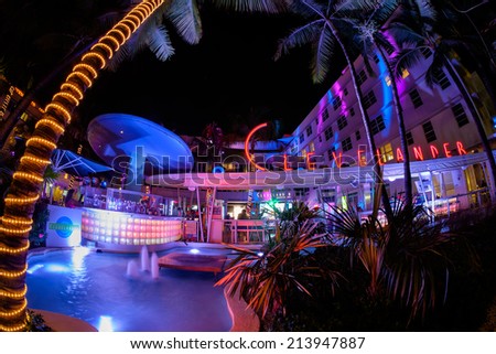 Miami Beach, Florida USA - August 19, 2014: The historic Clevelander Hotel in Miami Beach, a popular international travel destination, in the evening with neon lights and art deco architecture.