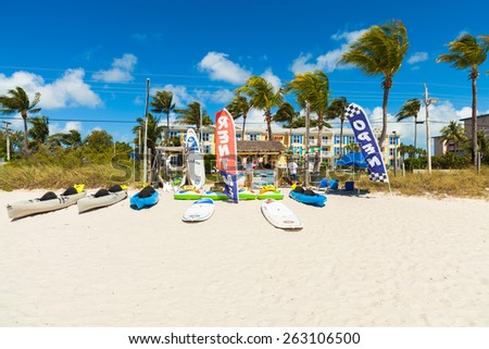 Key West, Florida USA - March 3, 2015: Beach sporting goods rentals available in Key West, Florida.