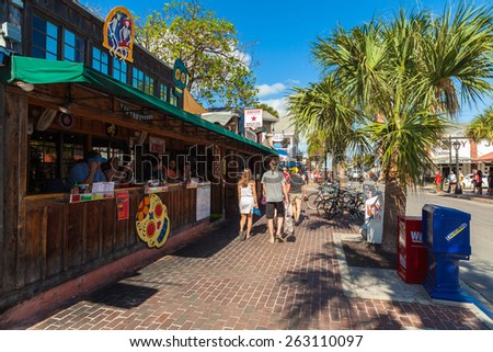 Key West, Florida USA - March 3, 2015: Popular restaurants and bars along Greene Street and Duval in downtown Key West.