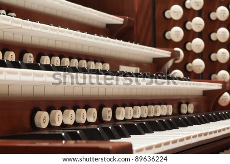 Close up view of a church pipe organ.
