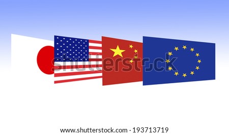 Flag of Japan, the U.S., China and Europe