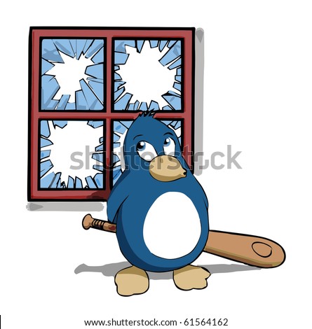 Cute Penguin with baseball bat and broken window