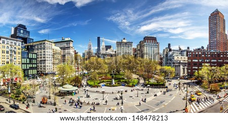 NEW YORK CITY - APRIL 17: Union Square during early spring on April 17, 2013 in New York, NY. The square\'s name represents the union of the two principal thoroughfares Broadway and 4th Ave.
