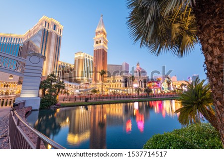 Las Vegas, Nevada, USA cityscape along the strip at twilight.