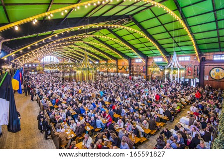 MUNICH - SEPTEMBER 30: Beer Tent on the Theresienwiese Oktoberfest fair grounds September 30, 2013 in Munich, Germany.