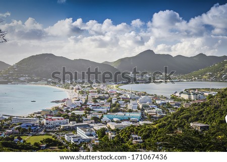 Philipsburg, Sint Maarten, Dutch Antilles cityscape at the Great Salt Pond.