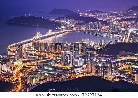 Busan, South Korea aerial view at night.