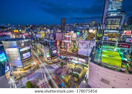 TOKYO, JAPAN - JANUARY 10, 2013: Aerial view of Shibuya\'s famed crossing. The area is a renown youth and fashion district.